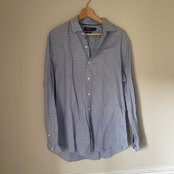 Polo Ralph Lauren 100% Cotton Stretch Blue/ White Button Down Shirt Large - Picture 2 of 8